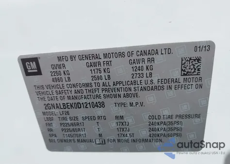 2013 Chevrolet Equinox Ls z USA, uszkodzony, nr VIN 2GNALBEK0D1210438